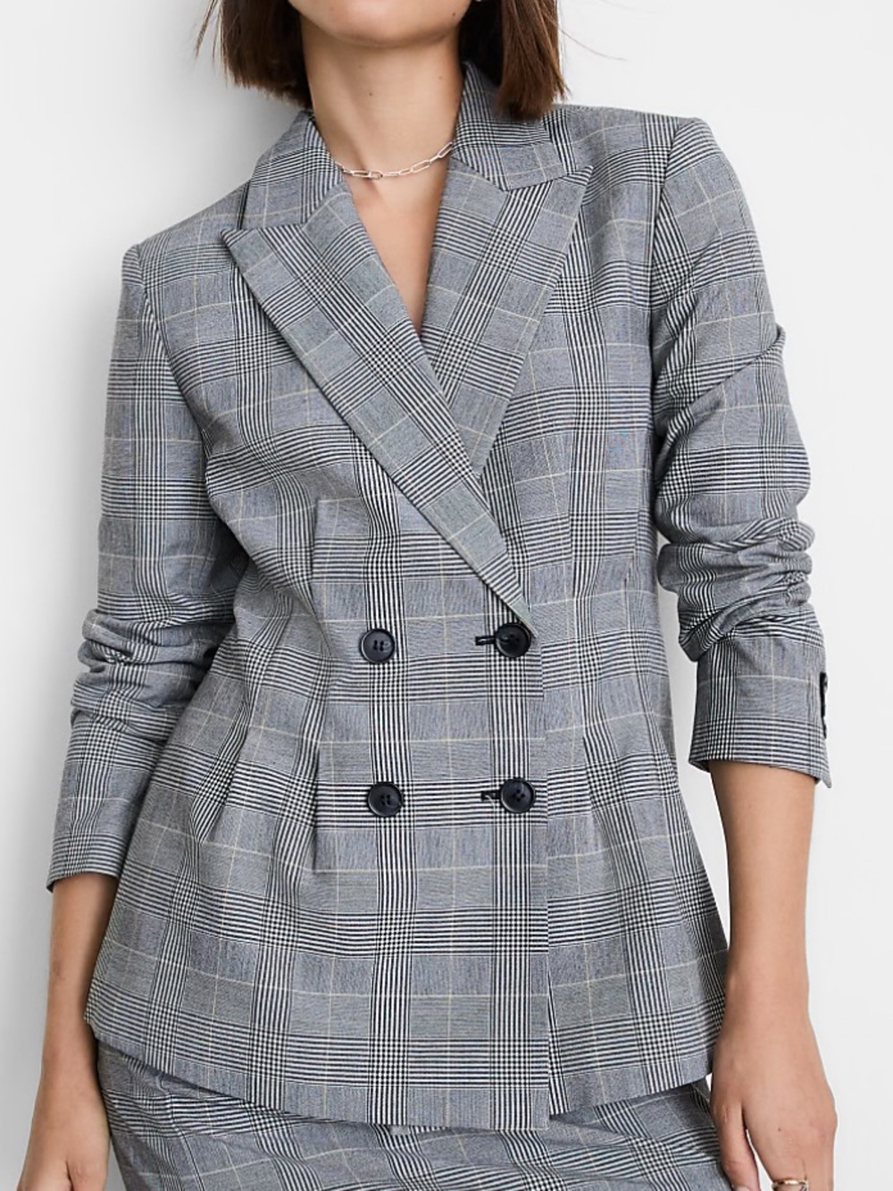 Loft Versa Gray Black Plaid Double Breasted Classic Blazer, Size 14, NWT